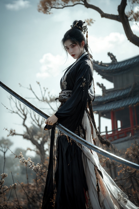 606247209521970436-3300812892-xuer Ancient Chinese sword, 1girl, weapon, solo, sword, long hair, black hair, tree, cloud, realistic, sky, cloudy sky, bare tre.jpg